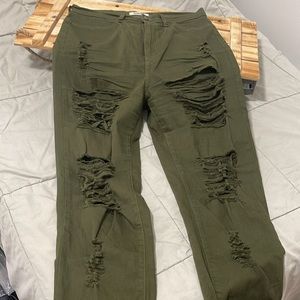 Ultra High Rise Distressed Denim Pants Olive